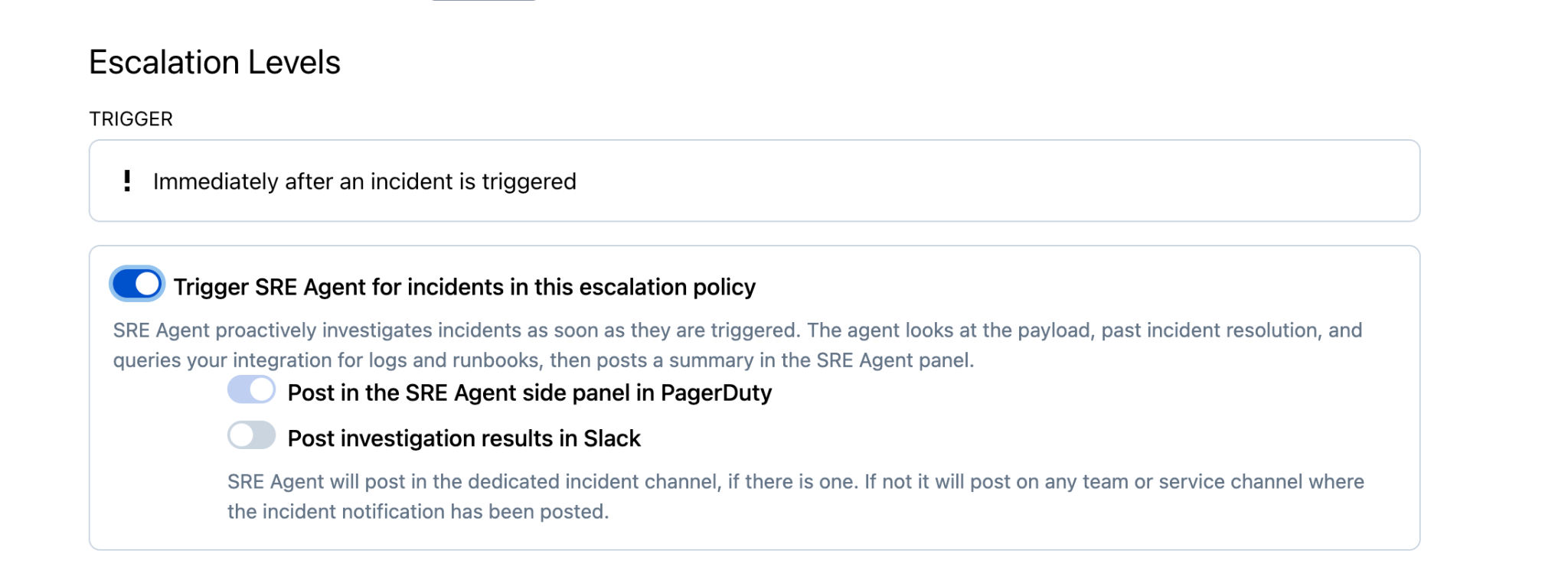 Trigger SRE Agent toggle for escalation policy in PagerDuty UI