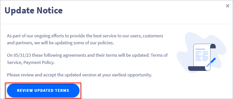 Screenshot of the pop-up notification about updated policies