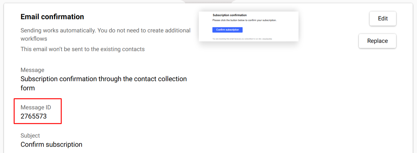 The message ID in Email confirmation