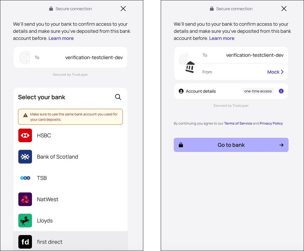 An example of the auth dialog on web, including consent copy for transaction verification.