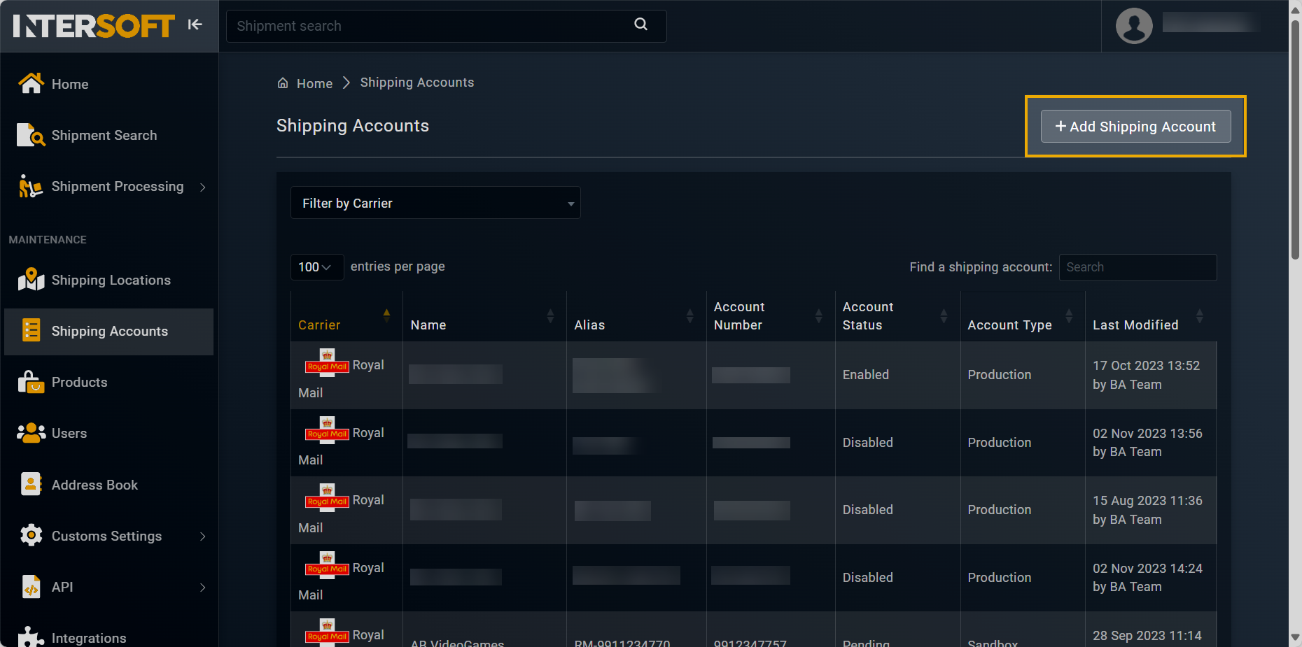 Accessing option to add shipping account