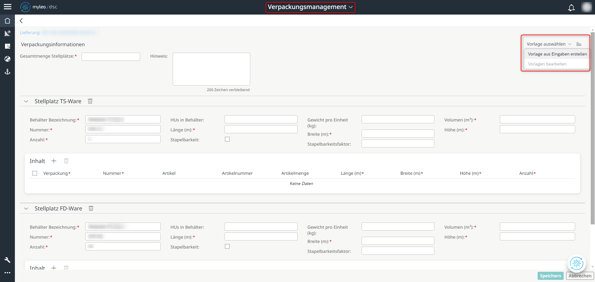 Erstellung einer Vorgabe innerhalb des Verpackungsmanagements