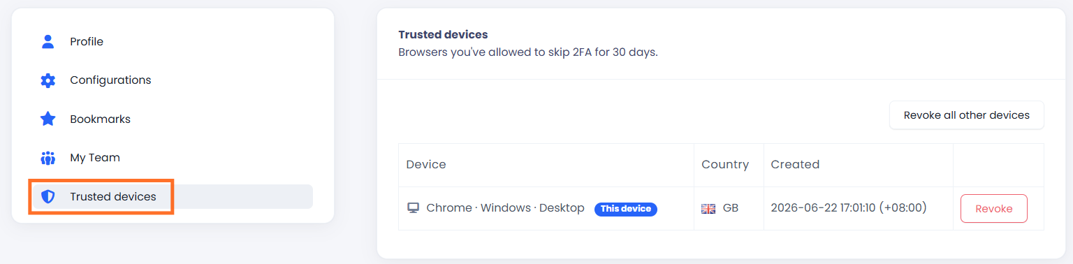 Screenshot of the Trusted devices tab