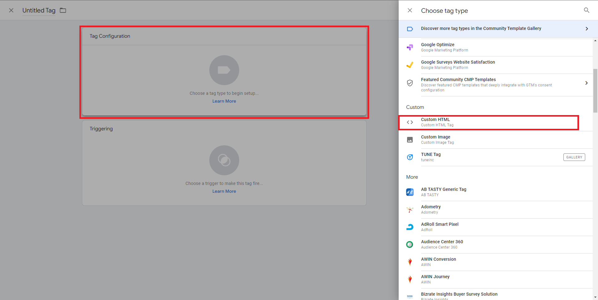 Click “Tag Configuration”. Scroll down  to locate and click “Custom HTML Tag”