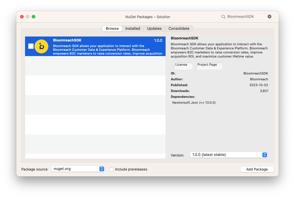 Add the BloomreachSDK NuGet package.