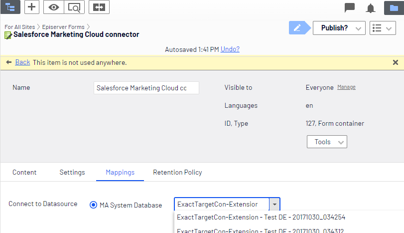 Screenshot of the Mappings tab where showing that data extensions do not support auto-fill