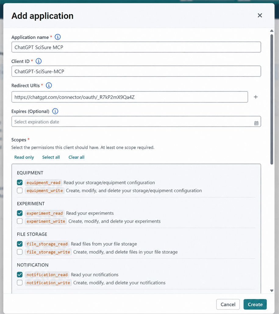 SciSure Research Add application dialog configured for ChatGPT with a ChatGPT callback URL and read-only scopes