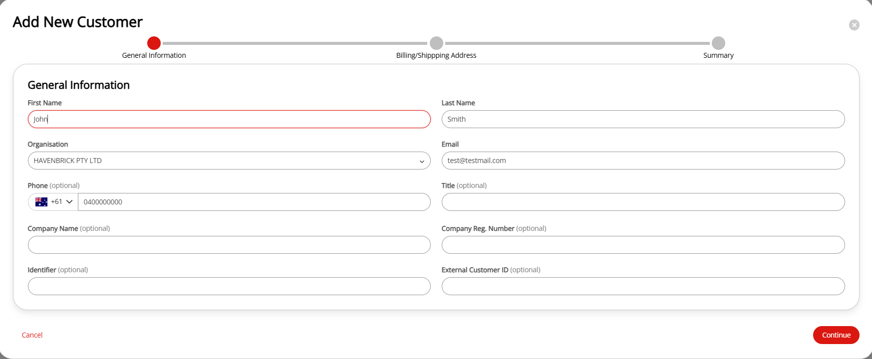The Create Customer wizard for providing the customer information. Optional fields are labeled as Optional