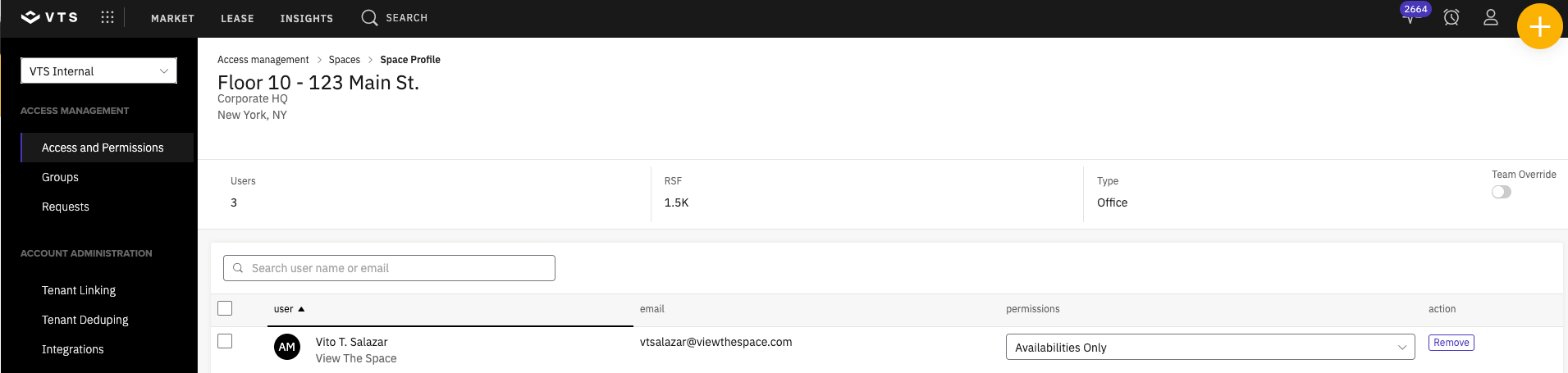 The space info and column headers available for the user_space_permissions path