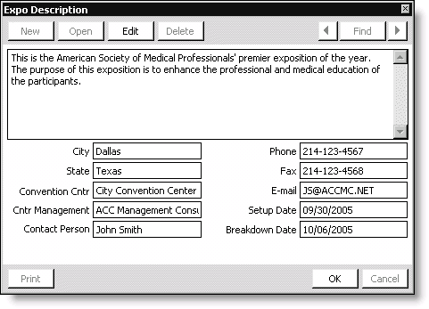 From Exposition, select Set up an exposition, double-click an exposition, click More, and select Description