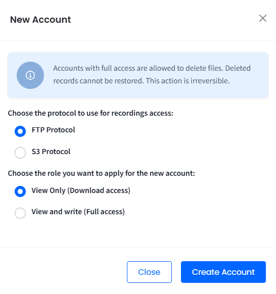 Screenshot of creating an account for accessing recordings