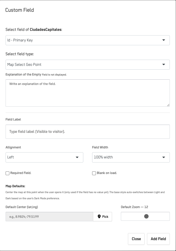 Custom Field dialog