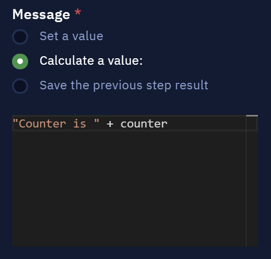 _The message in the "Console log" parameter. In the beginning - the line with the message, then - the current counter value._