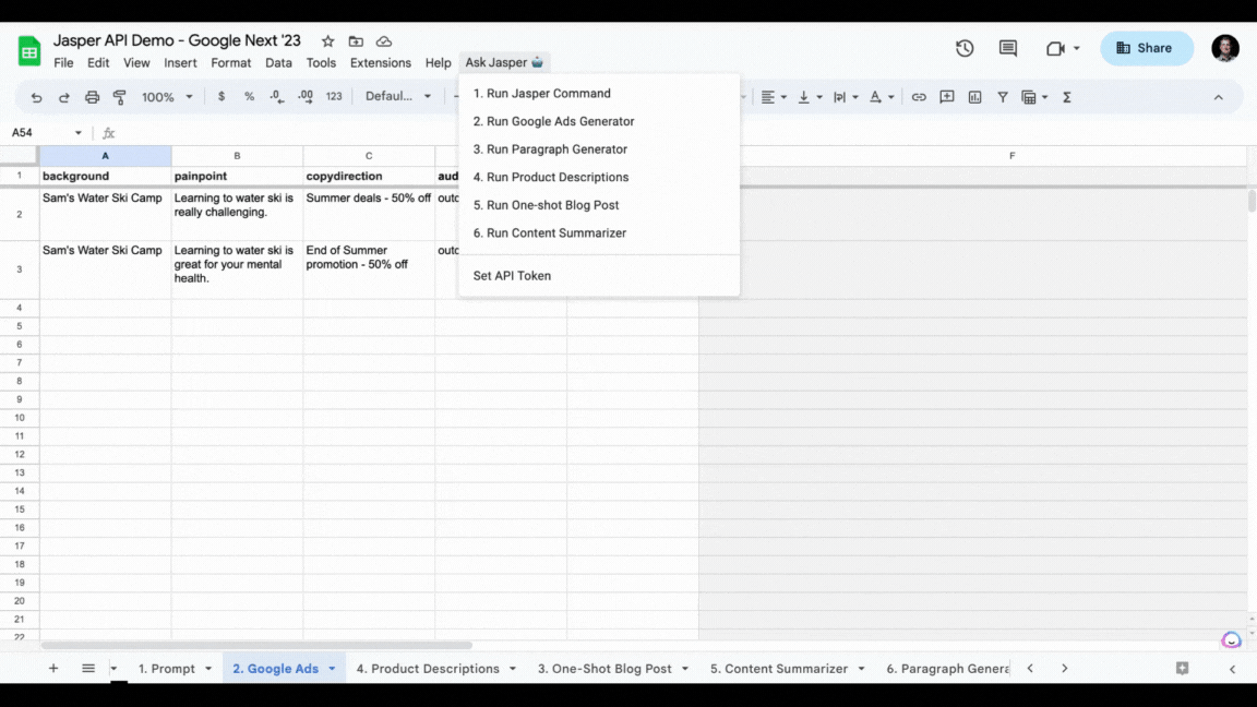 Example of integrating the Jasper API to do bulk content creation from within Google Sheets, using a script extension.