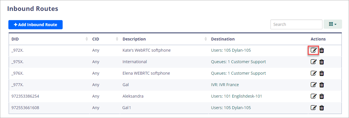 Screenshot of the **CONNECTIVITY** > **Inbound Routes** page