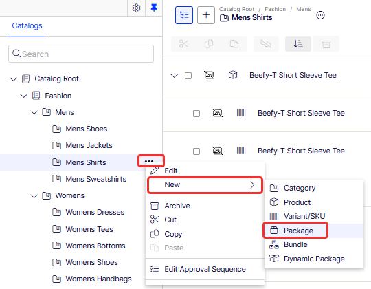 Screenshot of the category context menu showing the New Package option in the Catalogs tree.