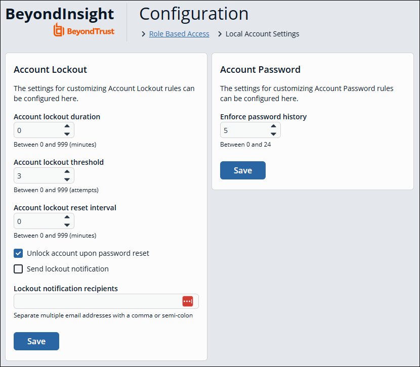 Local account settings page