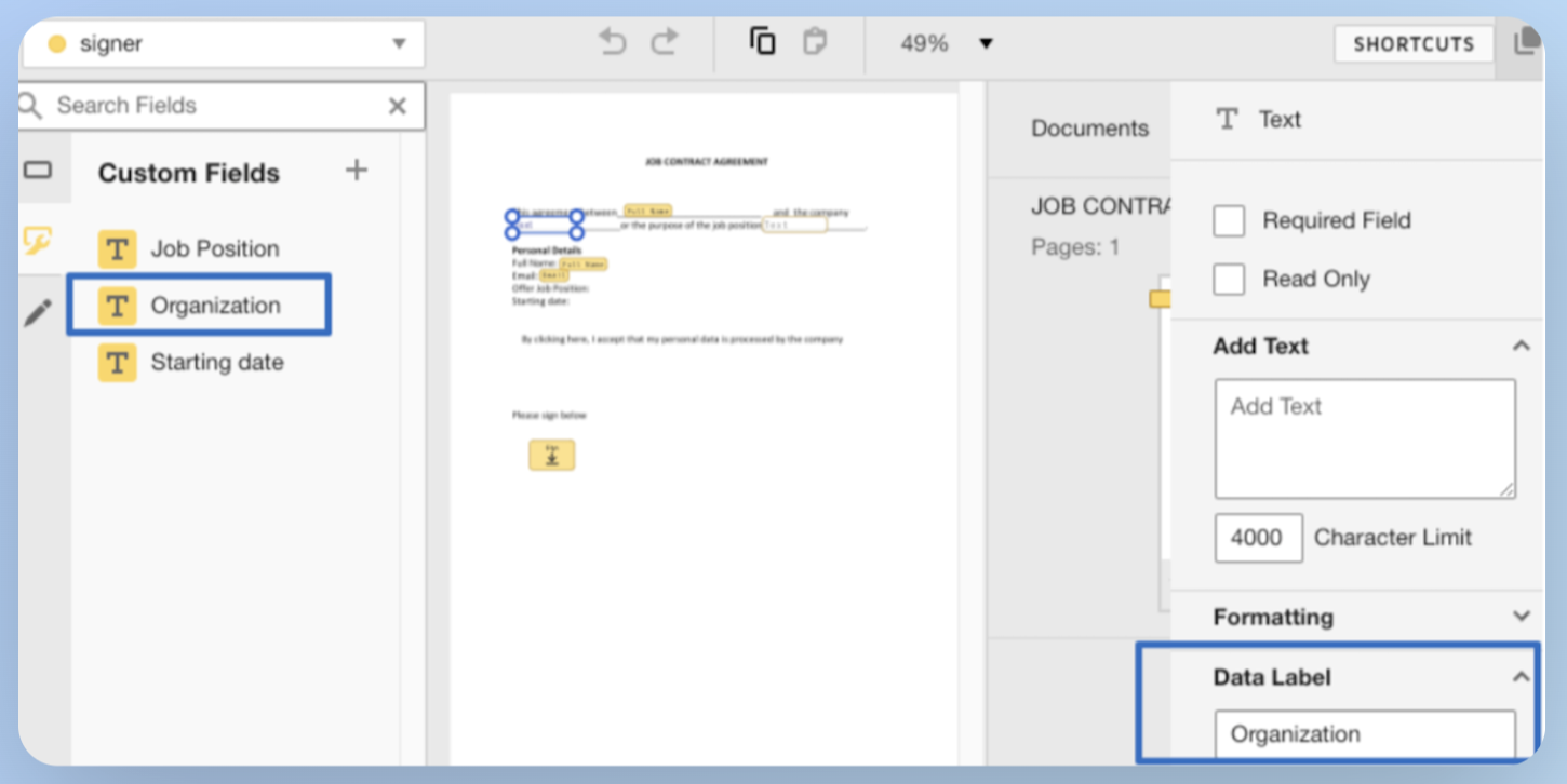 A screenshot from the Docusign. The Organization Custom field is highlighted on the left and the data label field is highlighted on the right.