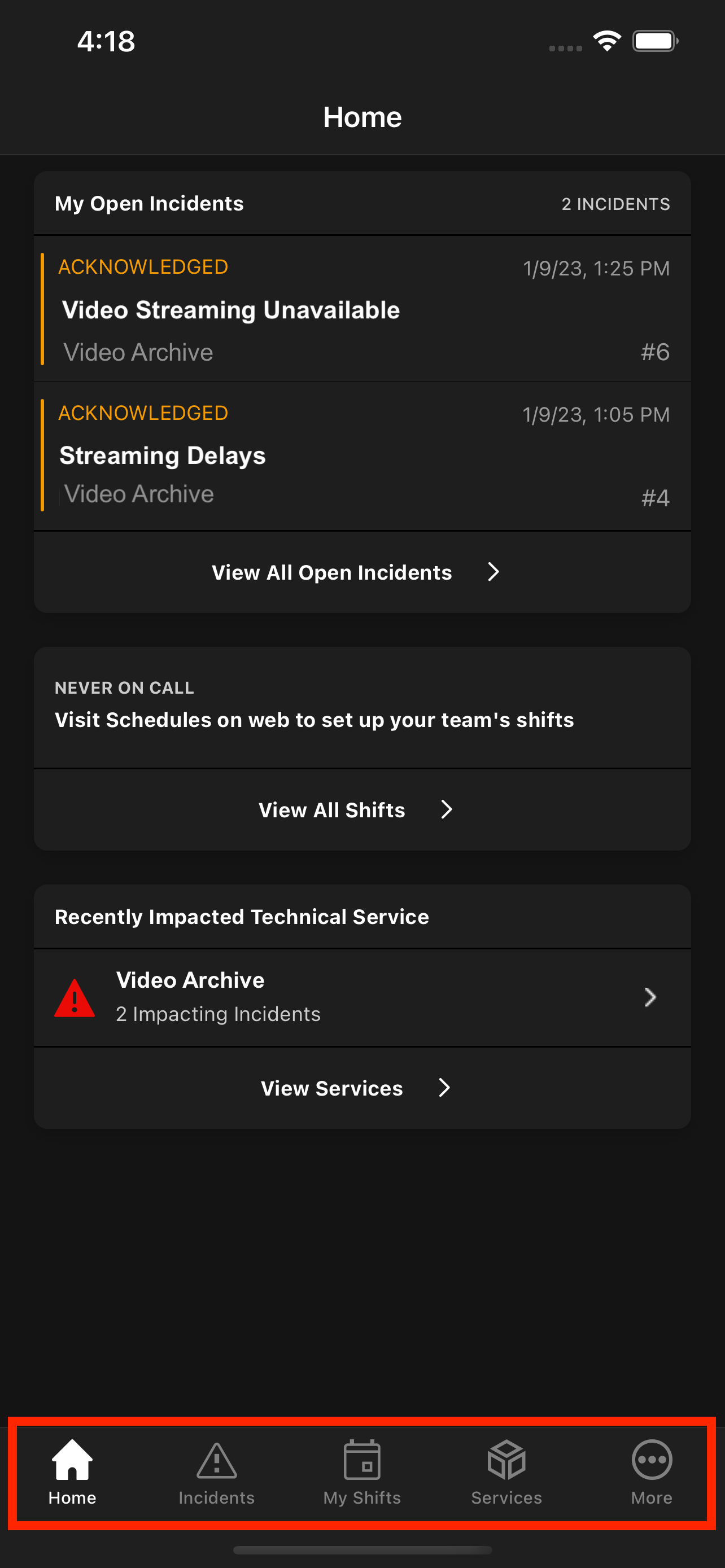 Navigation Tab Bar: Home, Incidents, My Shifts, Services and More
