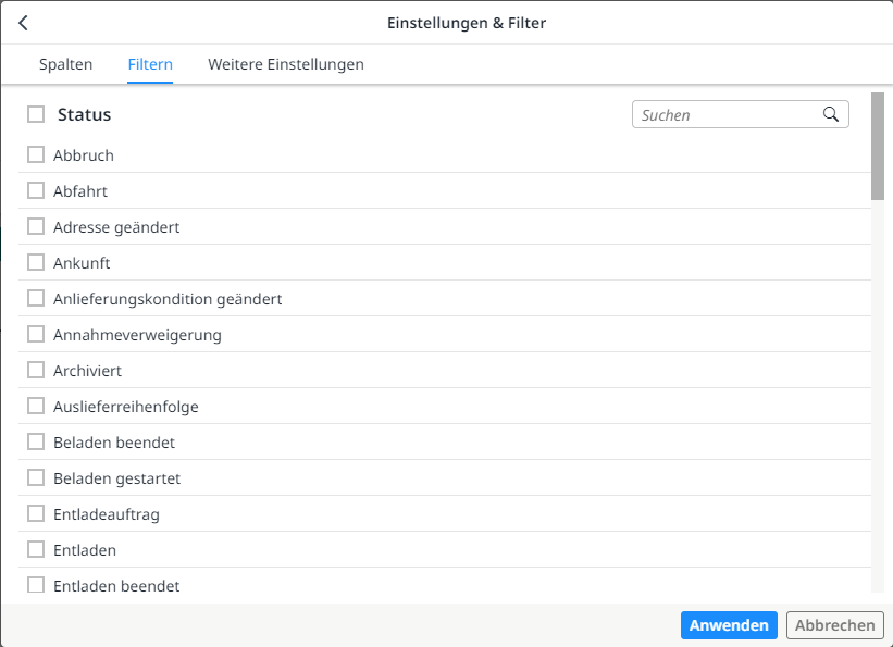 Auswahl aller möglichen Statusmeldungen