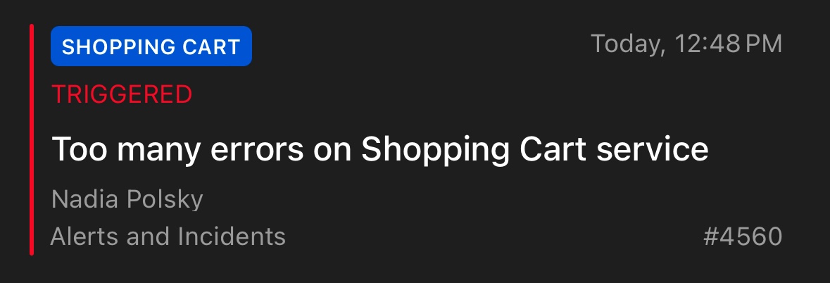 A screenshot of the PagerDuty mobile app detailing a "Shopping Cart" incident type