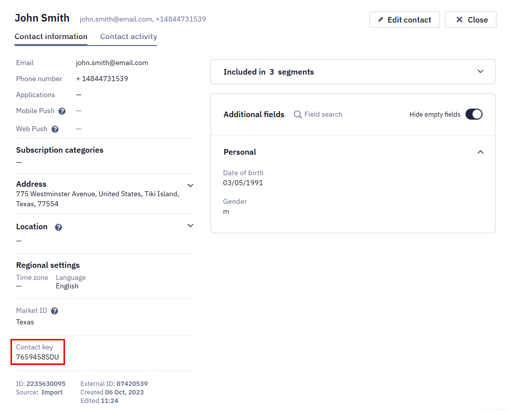 Contact information tab with the Contact key field highlighted in a red box