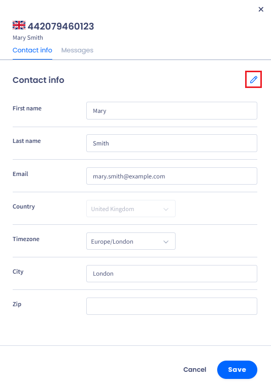 Screenshot of editing contact info