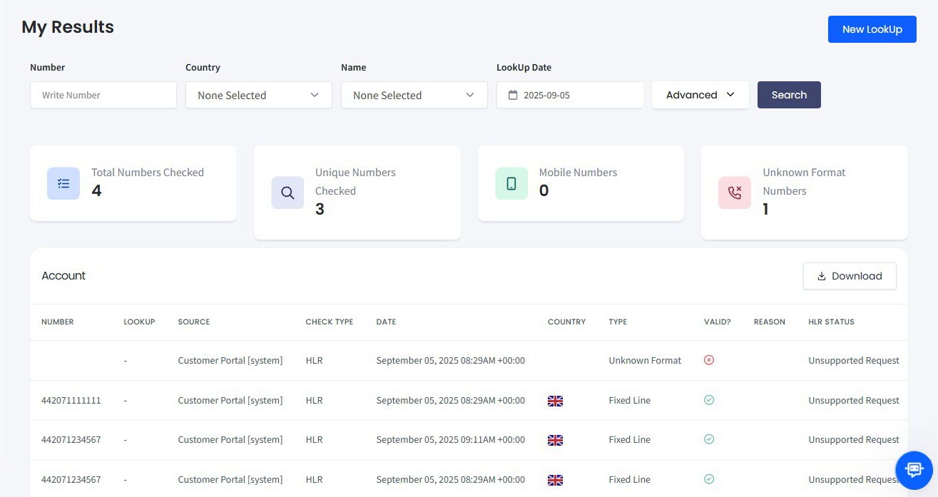 Screenshot of LookUp > Results in the main menu