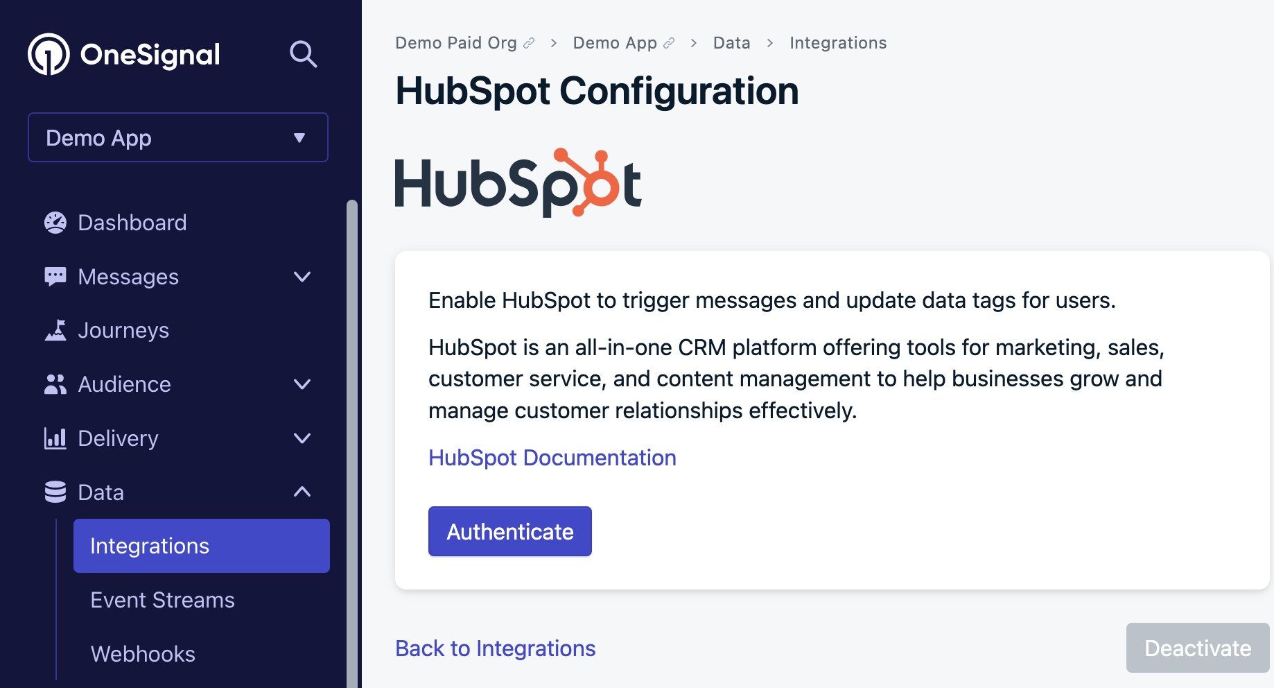 This will log you into HubSpot to select the account to connect with this OneSignal app.