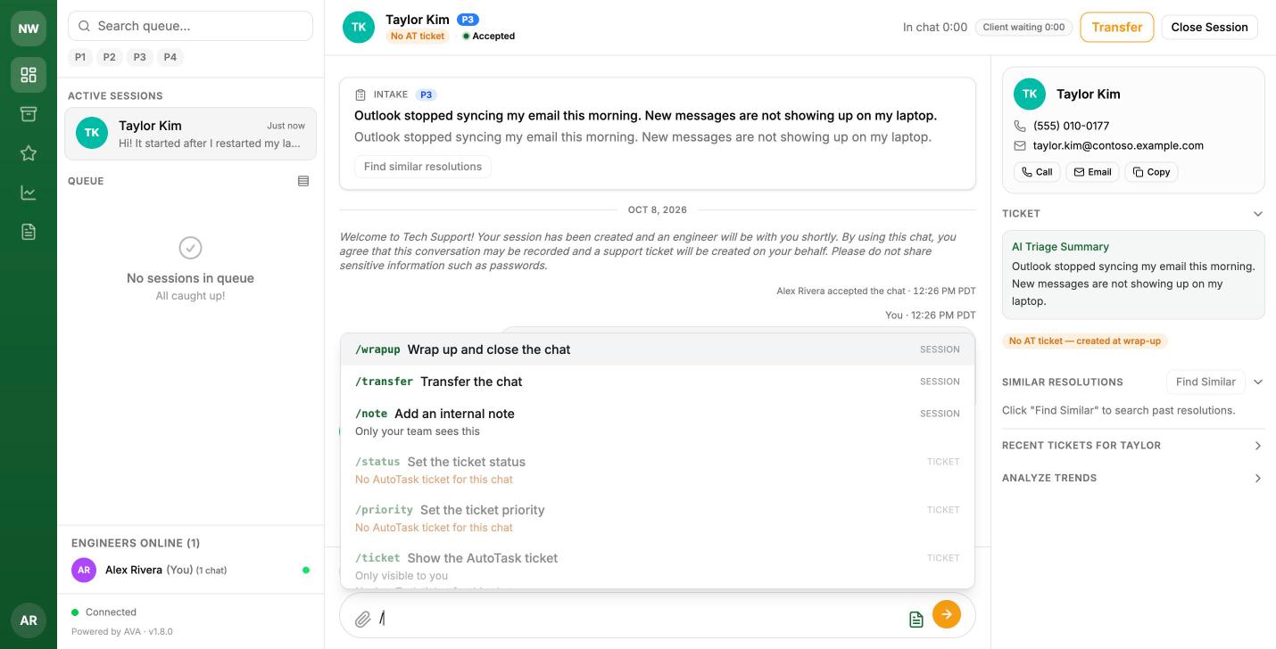 The slash command menu open over the transcript, listing /wrapup, /transfer, /note, /status, /priority and /ticket