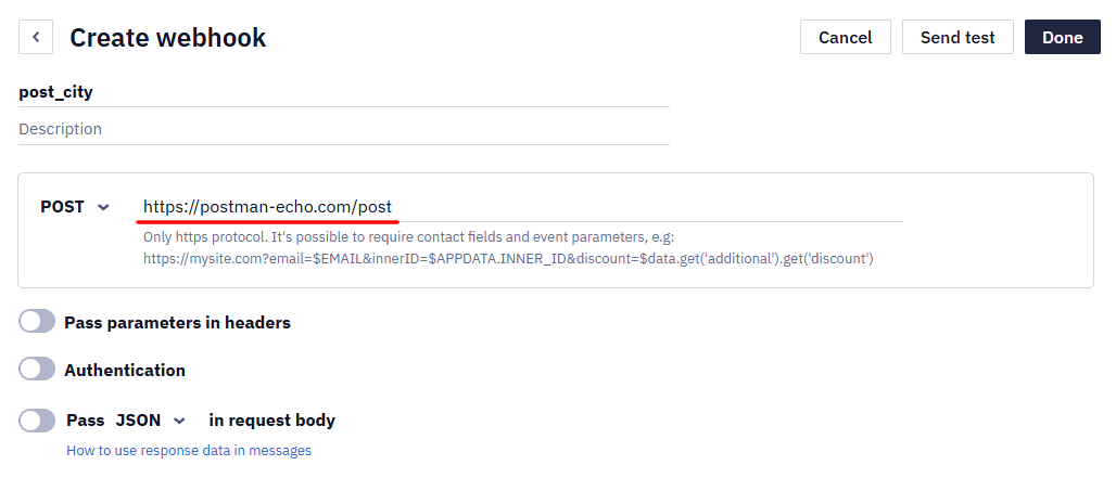 Create webhook window with post_city as the name, the POST method, and the URL https://postman-echo.com/post entered, with JSON request body enabled