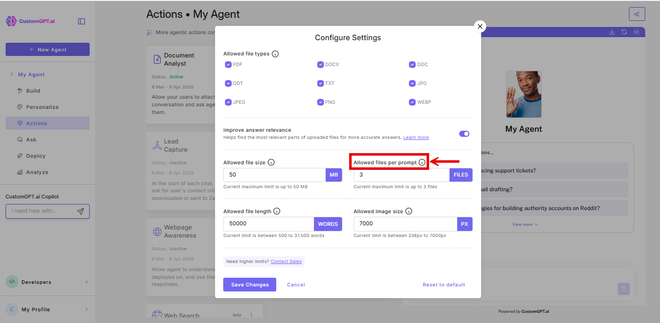 Screenshot of Allowed file per prompt option in the configure settings of Document Analyst