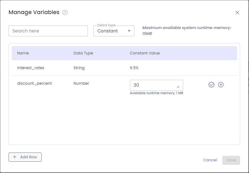 Constant variables in Manage Variable tab