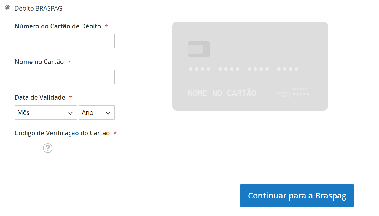 Visão do método de pagamento cartão de débito, após a configuração na loja