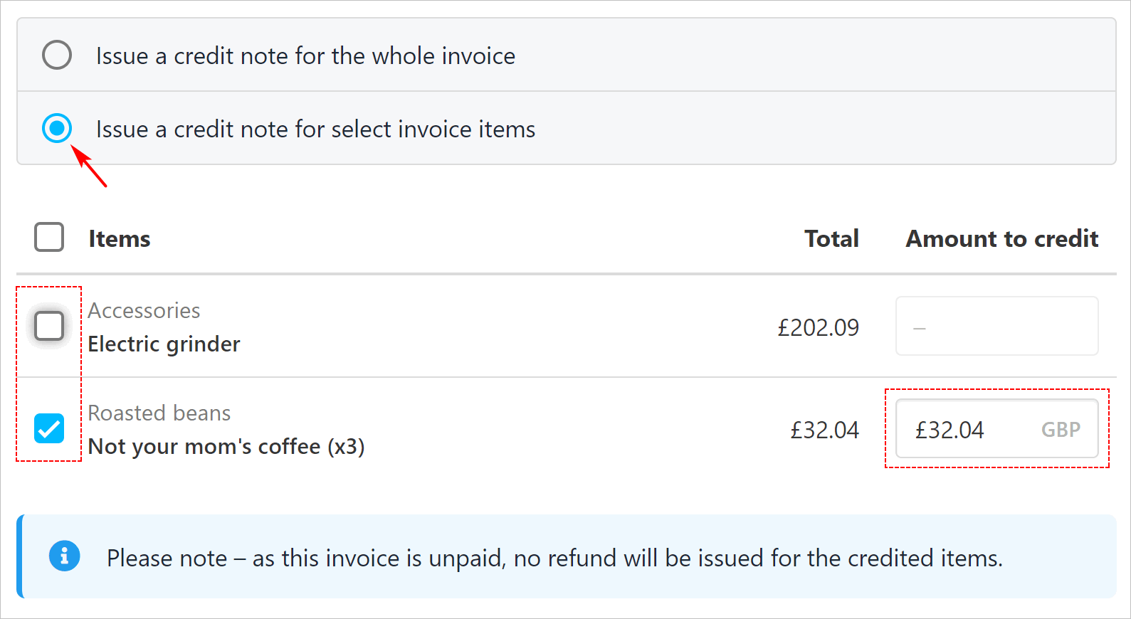 Select invoice items