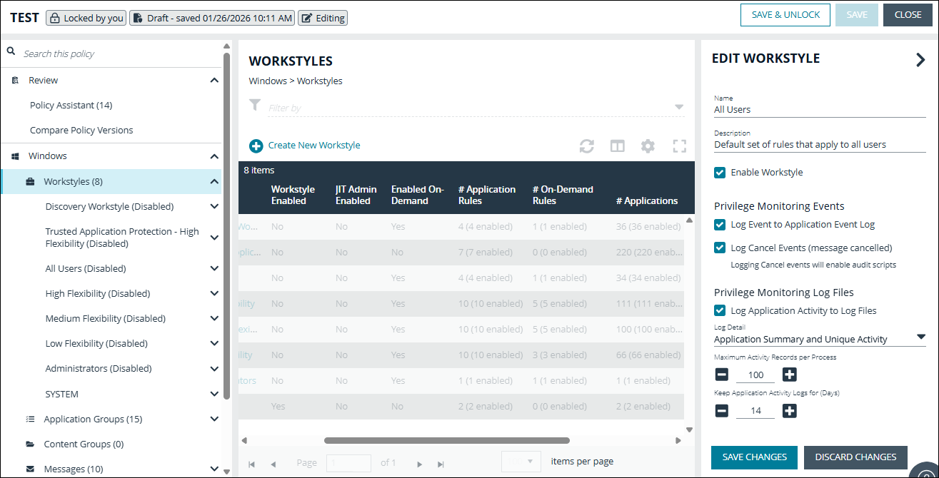 Privilege monitoring options in the EPM Policy Editor