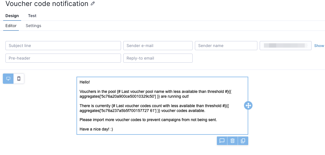 Email editor showing sample notification text with aggregate placeholders for pool name and available codes.