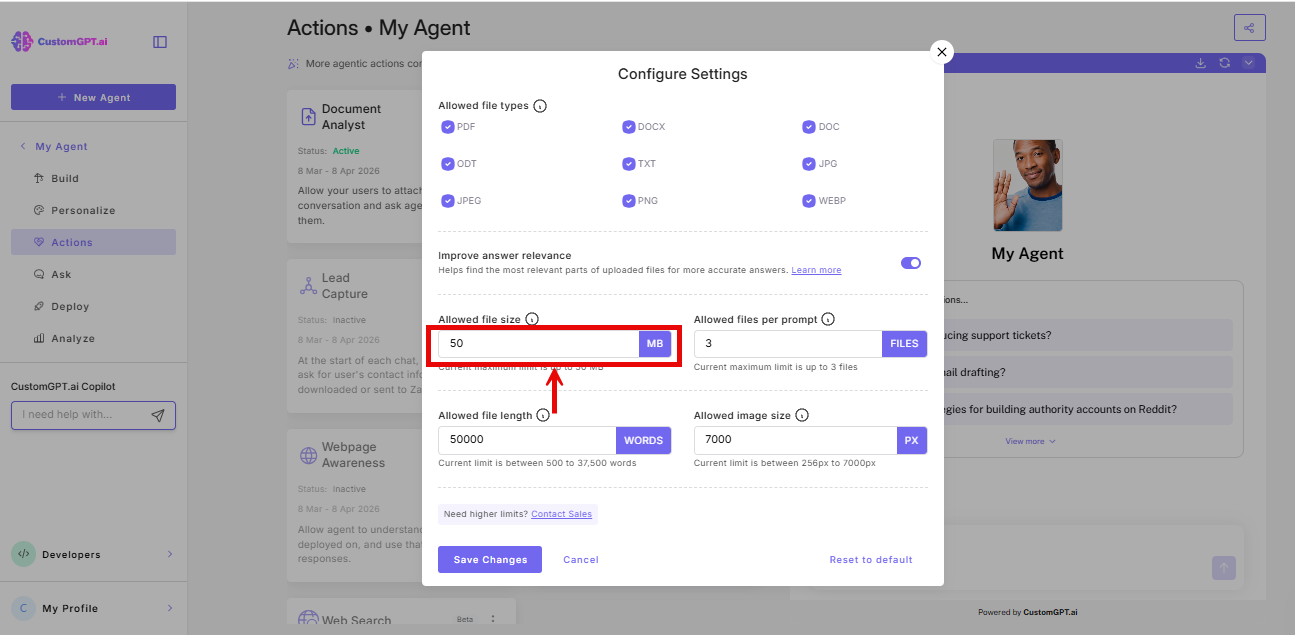 Screenshot of Allowed file size input field in the configure settings of Document Analyst
