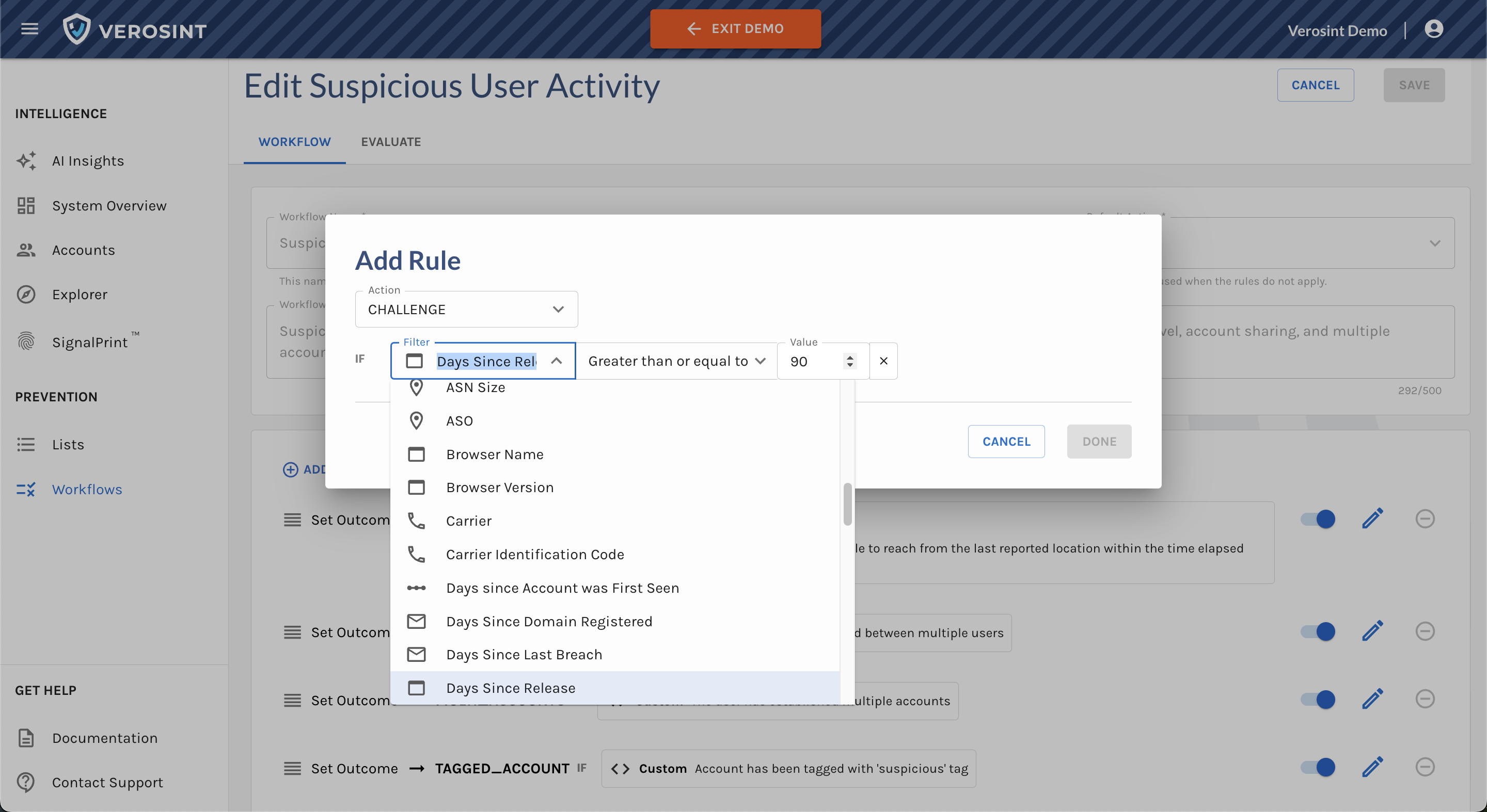 Use the "Days Since Release" signal in your workflows to challenge or deny accounts accessing your platform with an outdated user agent