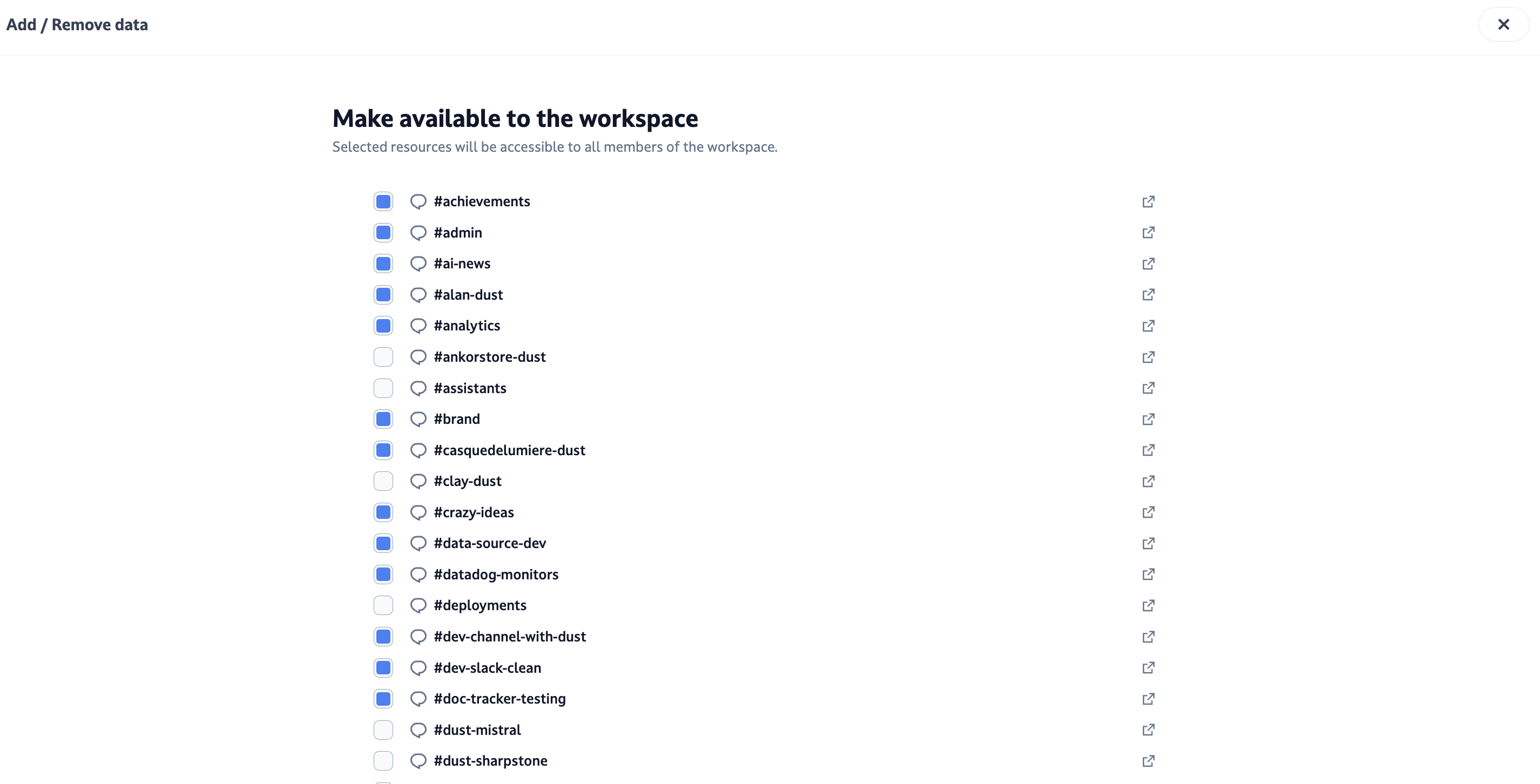 Select or unselect the Slack channels you want to synchronize with Dust