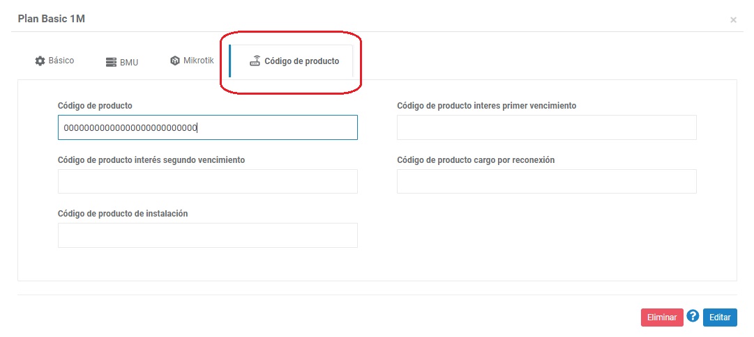 Código de producto en planes
