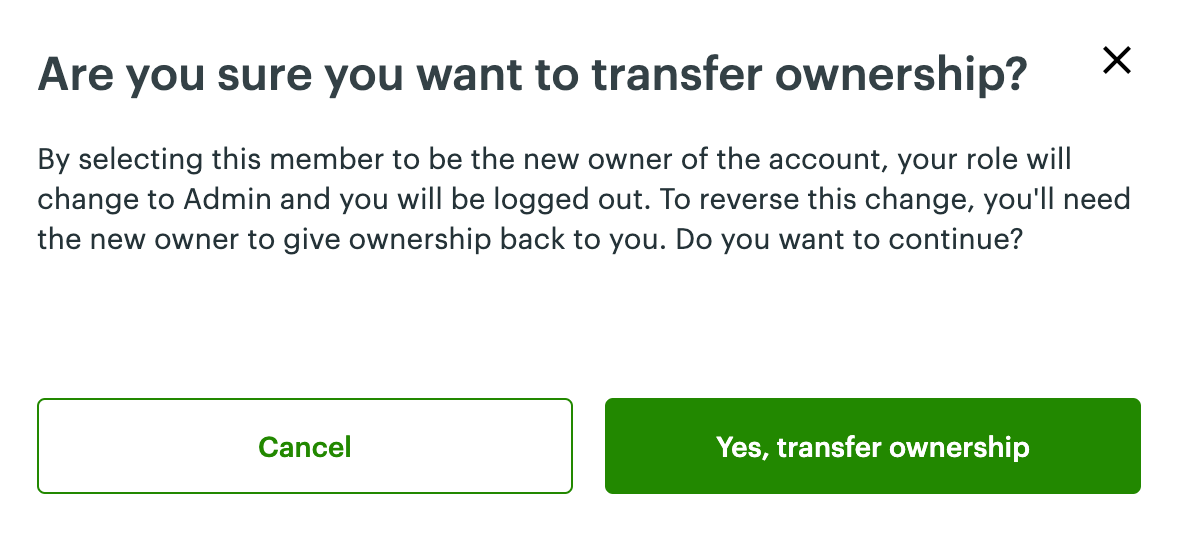 Are you sure you want to transfer ownership pop-up