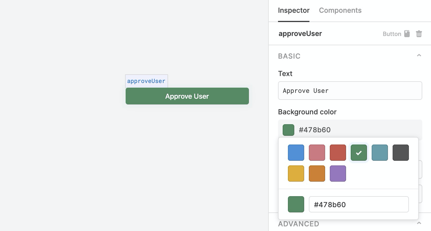 Customizing a button color. We provide default choices that meet accessibility standards, but you can also set your own custom color with a hex code.
