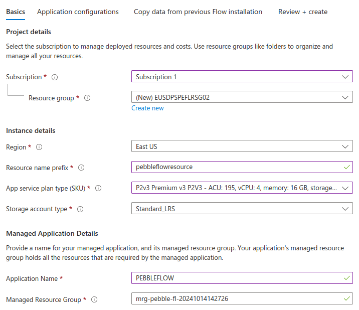 Choose your subscription, then select names for the deployable resource group.