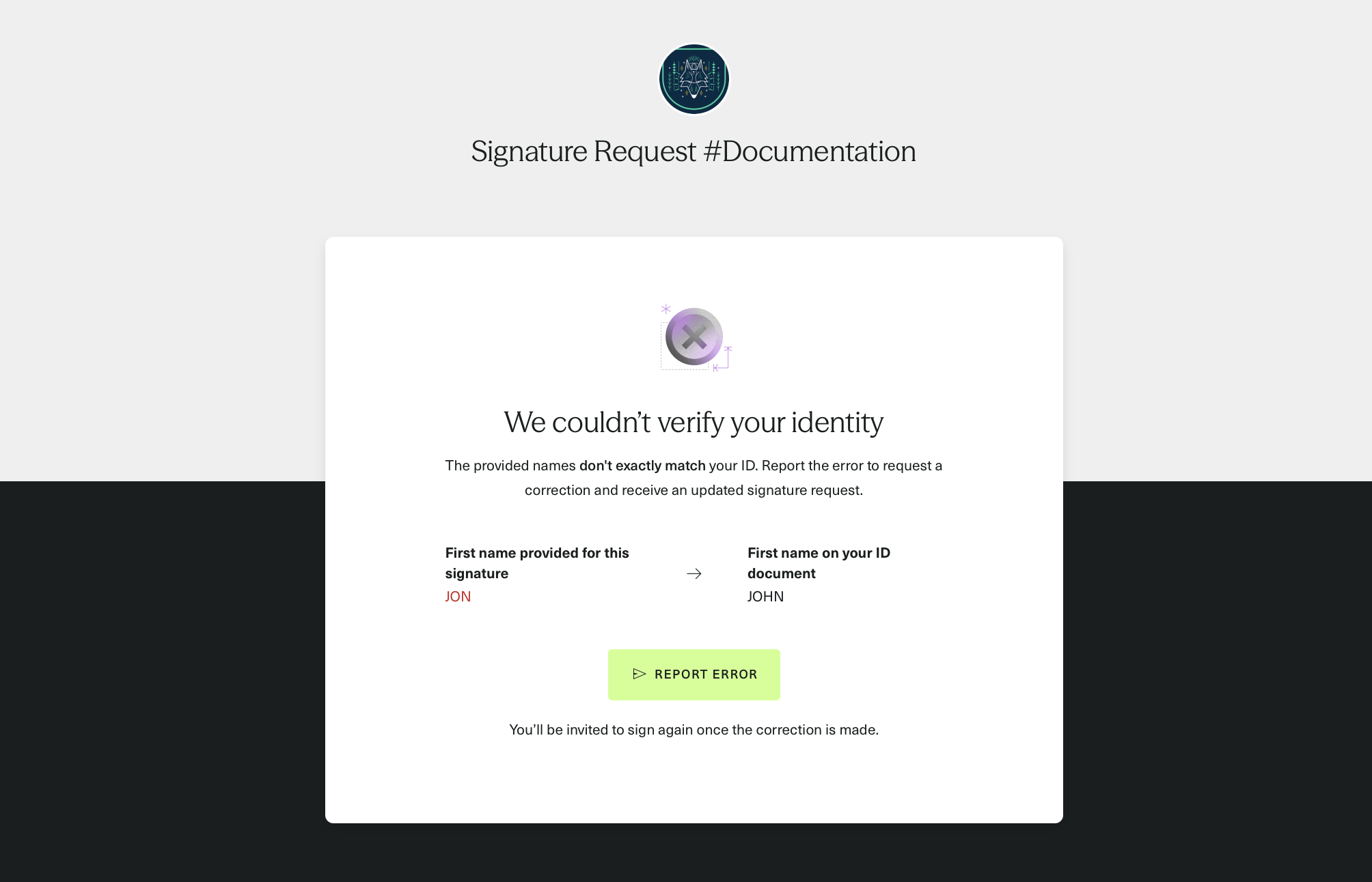 The error screen where the Signer must notify the Sender