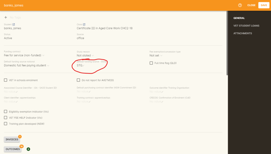 Figure 476. Where to set the funding source state field at the Enrolment level. Set this if it is different for this student from the class default.