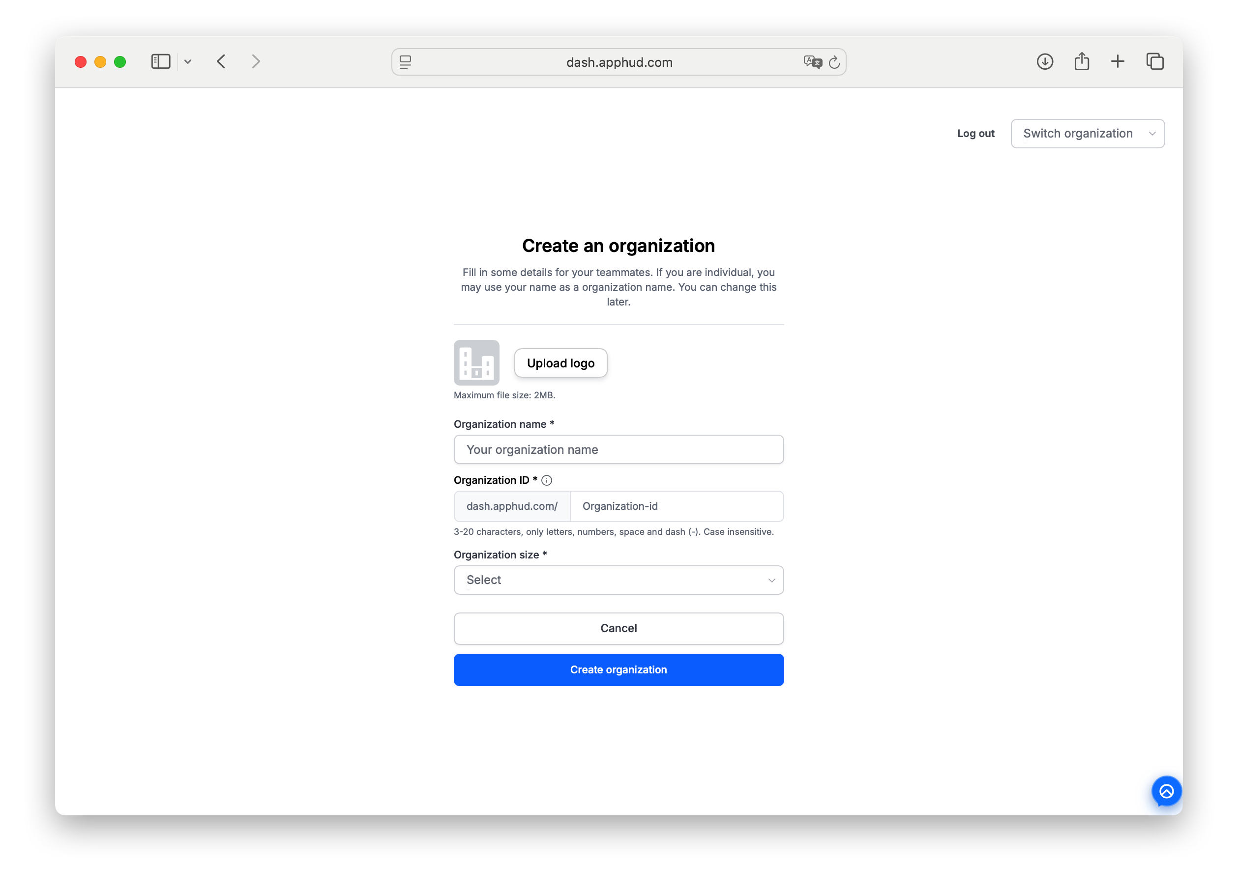 Create an organization form
