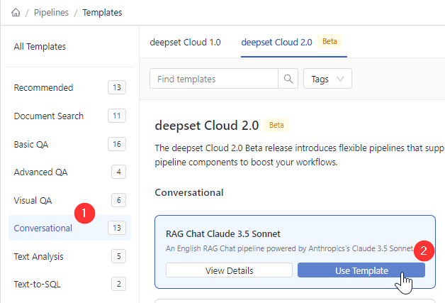 The template selection process shown, first you click on a template group, then you choose Use template on the template card.