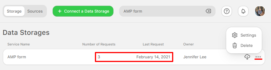Data service in the Stripo Data Storages list with the Number of Requests and Last Request values
