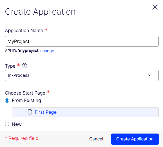 Screenshot of the Create Application dialog where configuring application name, type, and start page